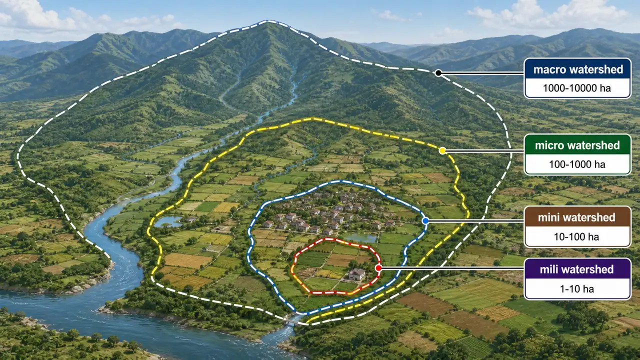 Types of watershed shown as nested macro, micro, mini, and mili watershed scales