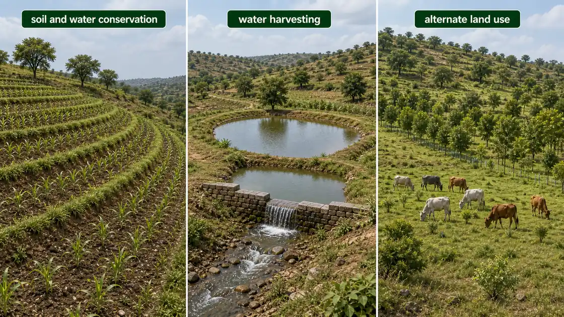 Watershed management components comparison showing soil and water conservation, water harvesting, and alternate land use