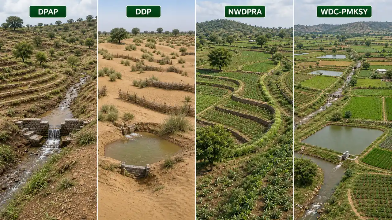 Watershed management programmes in India shown through drought-prone, desert, rainfed, and integrated PMKSY-treated landscapes