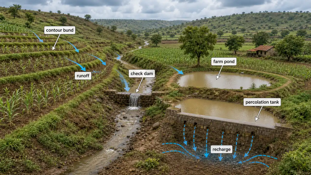 Watershed rainwater harvesting scene showing contour bund, check dam, farm pond, and percolation tank from ridge to valley