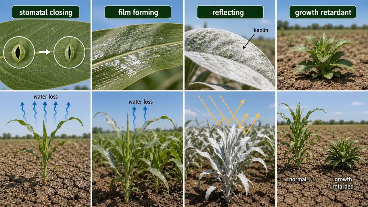 Anti-transpirant types showing stomatal closing, film forming, reflecting kaolin, and growth retardant effects on crop water loss