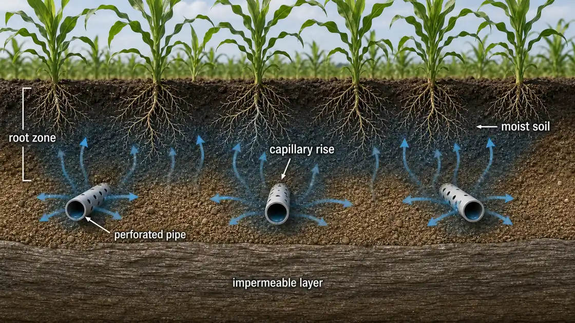 Artificial sub-surface irrigation showing buried perforated pipes, capillary rise, moist root zone, and an impermeable layer