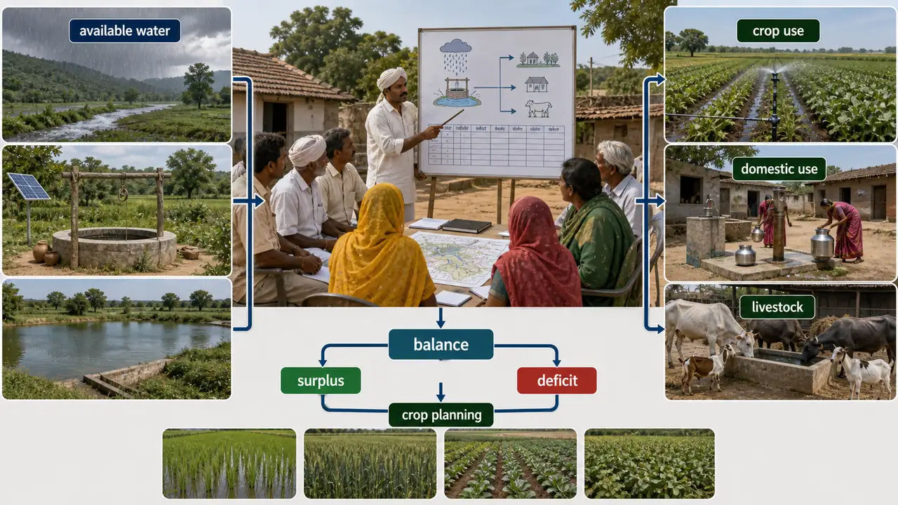 Community water budgeting process showing available water sources, crop and household uses, livestock demand, and balance-based crop planning
