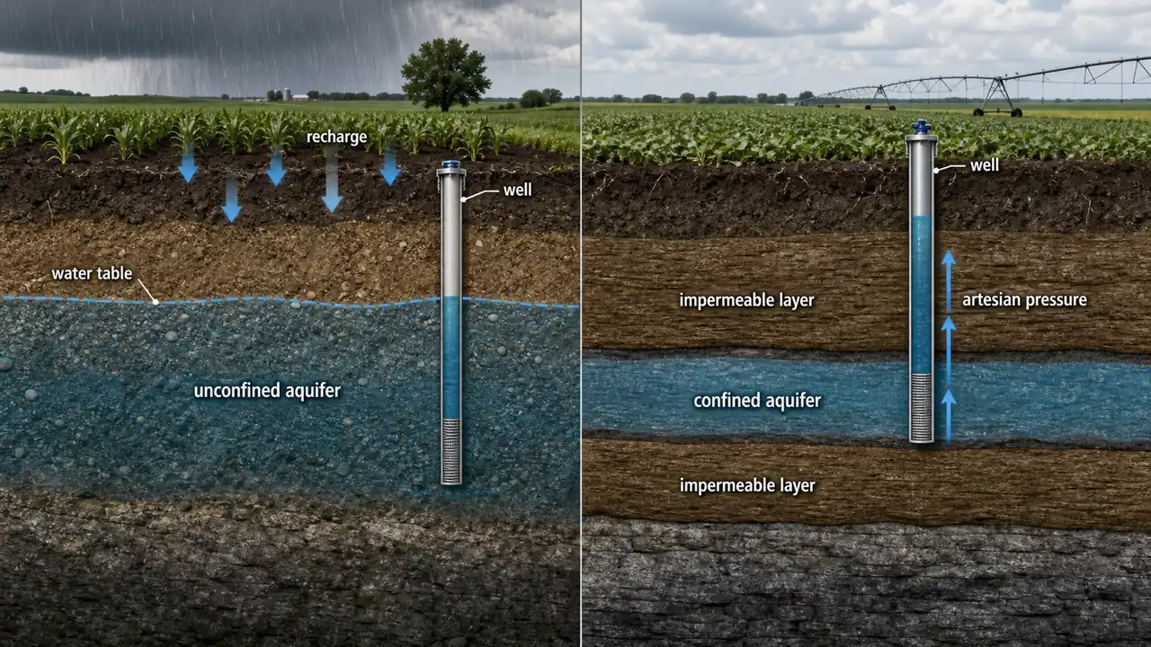 Comparison of unconfined and confined aquifers with recharge, water table, impermeable layers, and artesian pressure