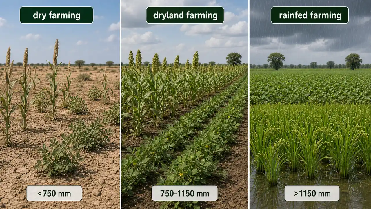 Comparison of dry farming, dryland farming, and rainfed farming based on rainfall and field conditions