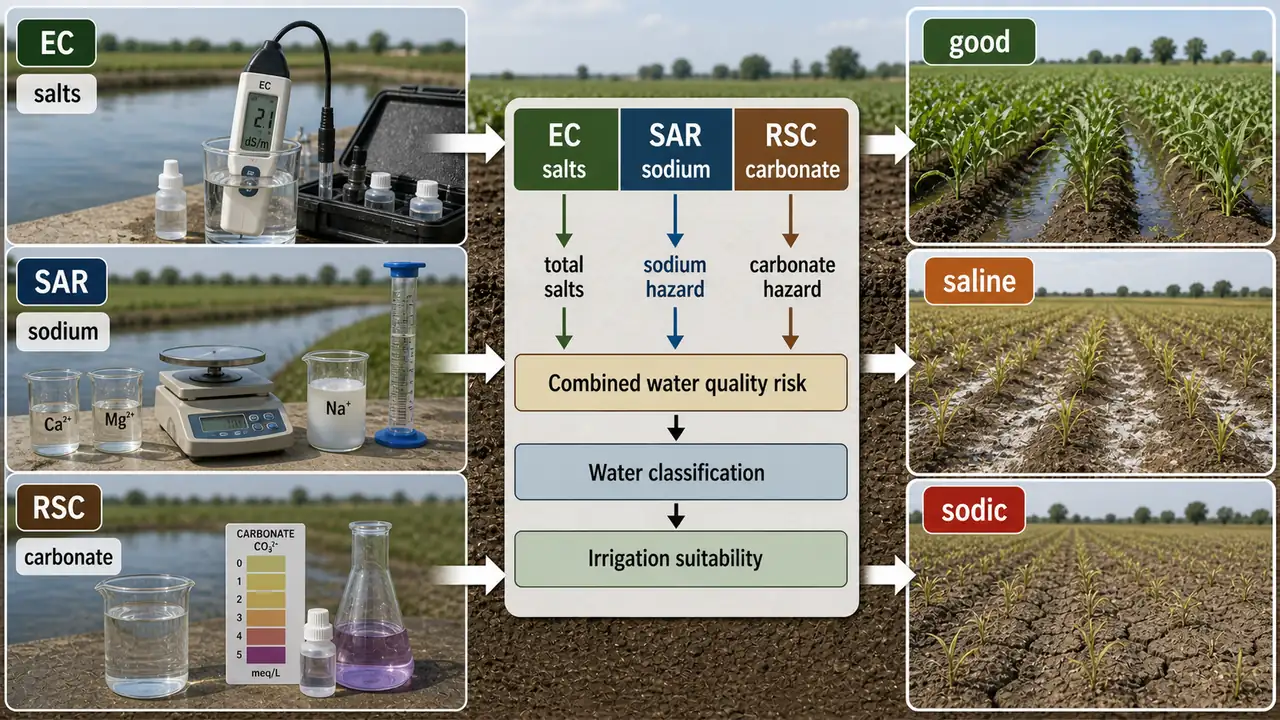Irrigation water quality assessment showing how EC, SAR, and RSC combine to classify water as good, saline, or sodic