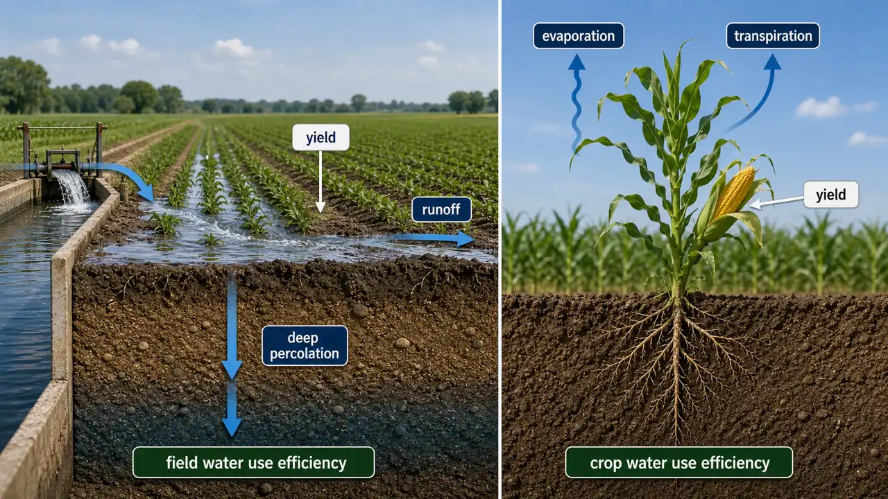 Comparison of field water use efficiency and crop water use efficiency showing runoff, deep percolation, evaporation, transpiration, and yield