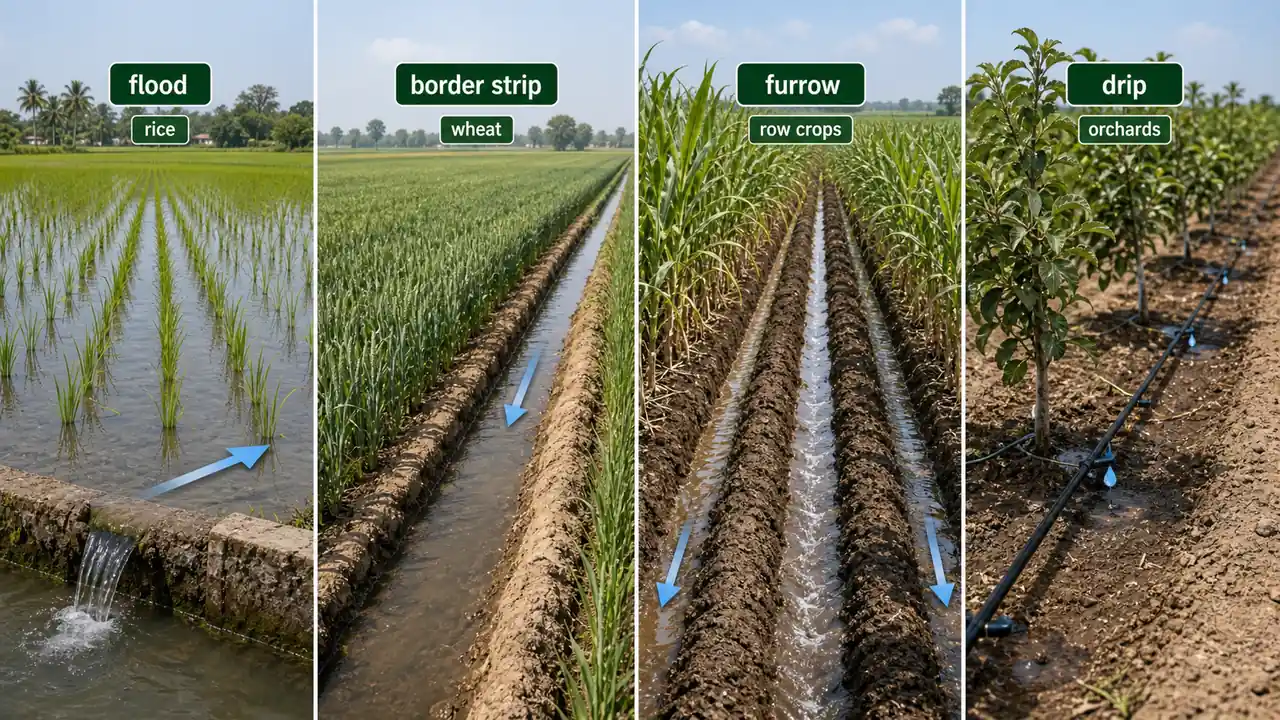 Comparison of flood, border strip, furrow, and drip irrigation matched to rice, wheat, row crops, and orchards