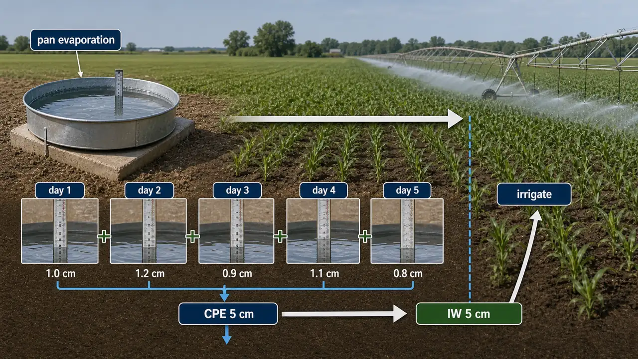 IW CPE irrigation scheduling method showing daily pan evaporation accumulation until a 5 centimeter trigger leads to 5 centimeter irrigation