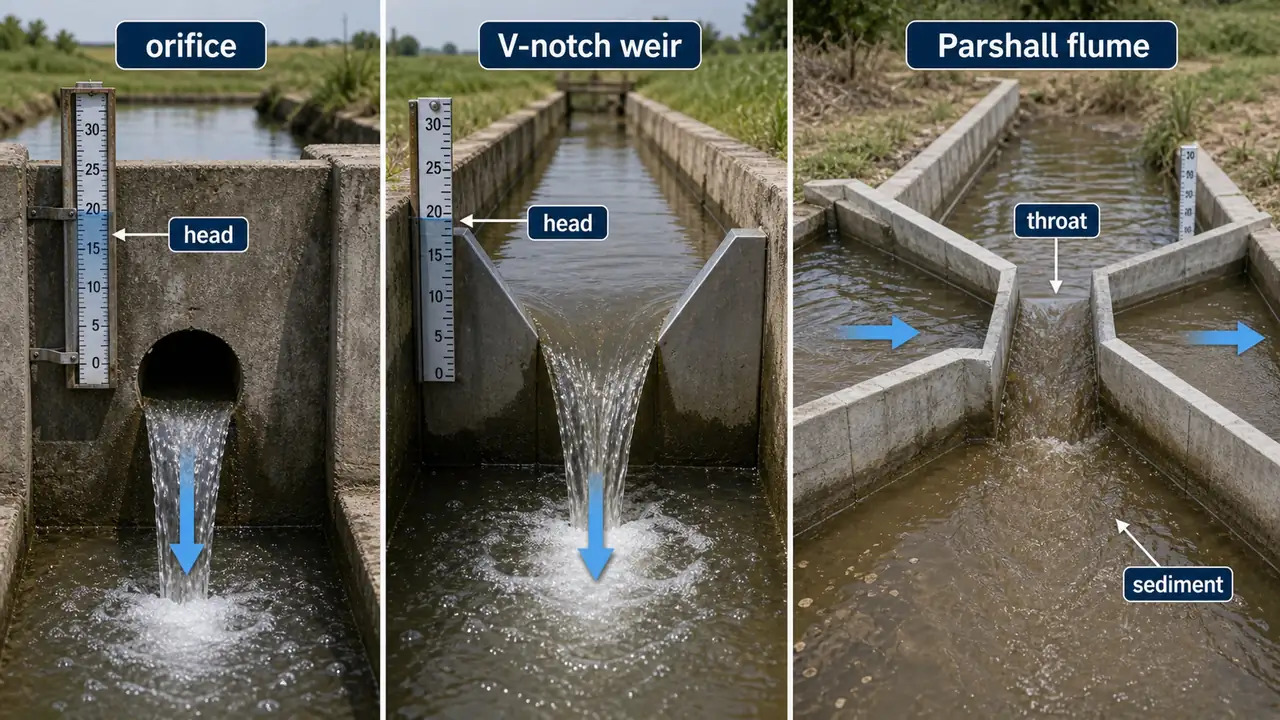 Comparison of irrigation measuring structures showing an orifice, V-notch weir, and Parshall flume with head and throat labels