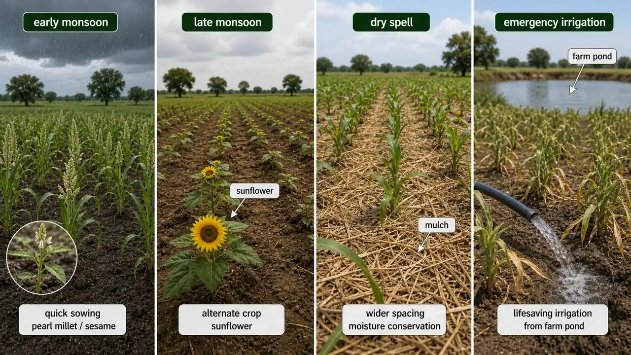 Contingent crop planning for early monsoon, late monsoon, dry spells, and emergency irrigation from a farm pond