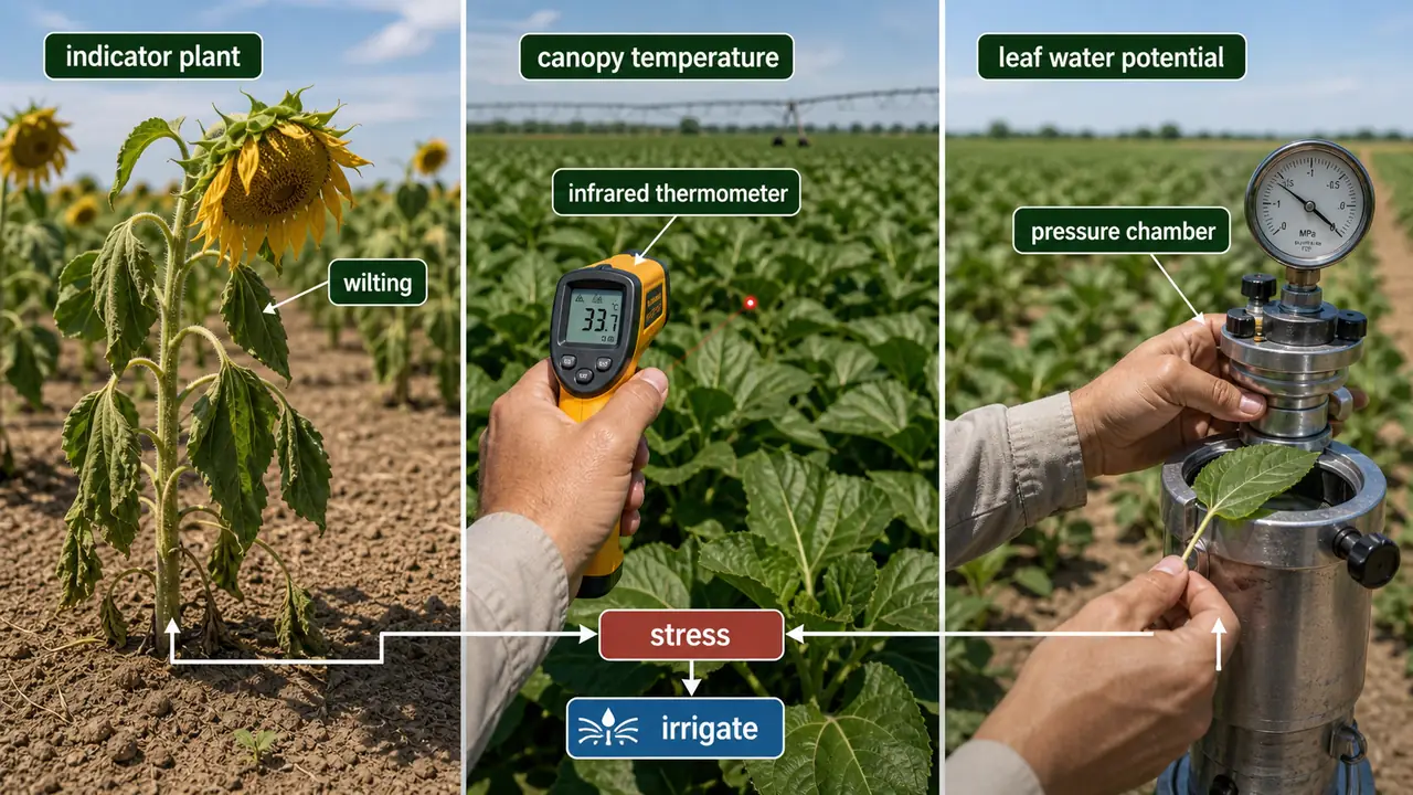 Plant-based irrigation scheduling indicators showing wilting sunflower, canopy temperature measurement, and leaf water potential measurement