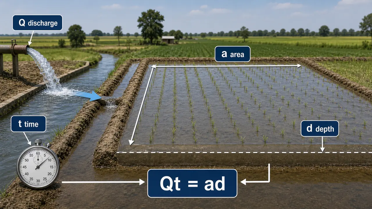 Qt equals ad irrigation relationship showing discharge and time on the water source side and area and depth on the irrigated field side