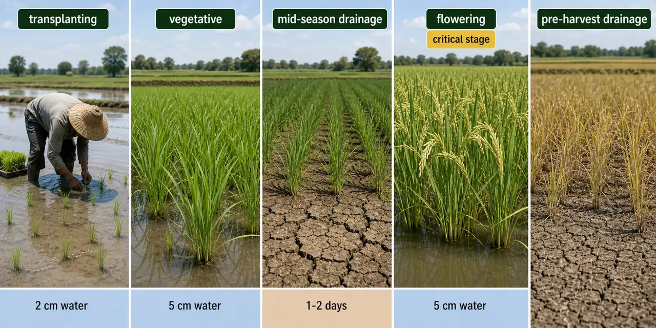Stage-wise rice water management from transplanting and vegetative submergence to mid-season drainage, flowering, and pre-harvest drainage