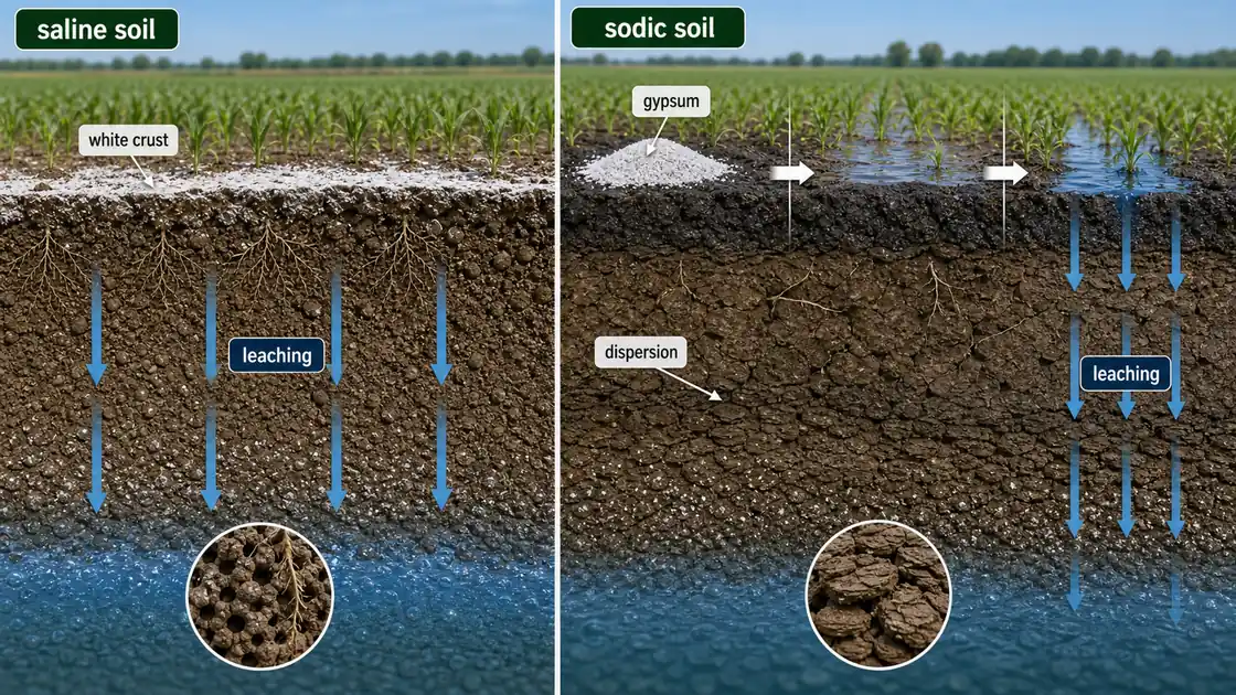 Saline versus sodic soil reclamation showing white crust leaching in saline soil and gypsum plus leaching in sodic soil