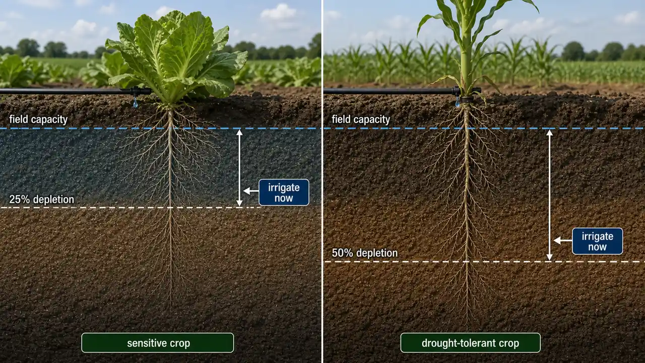 Irrigation scheduling comparison showing 25 percent depletion for sensitive crops and 50 percent depletion for drought-tolerant crops