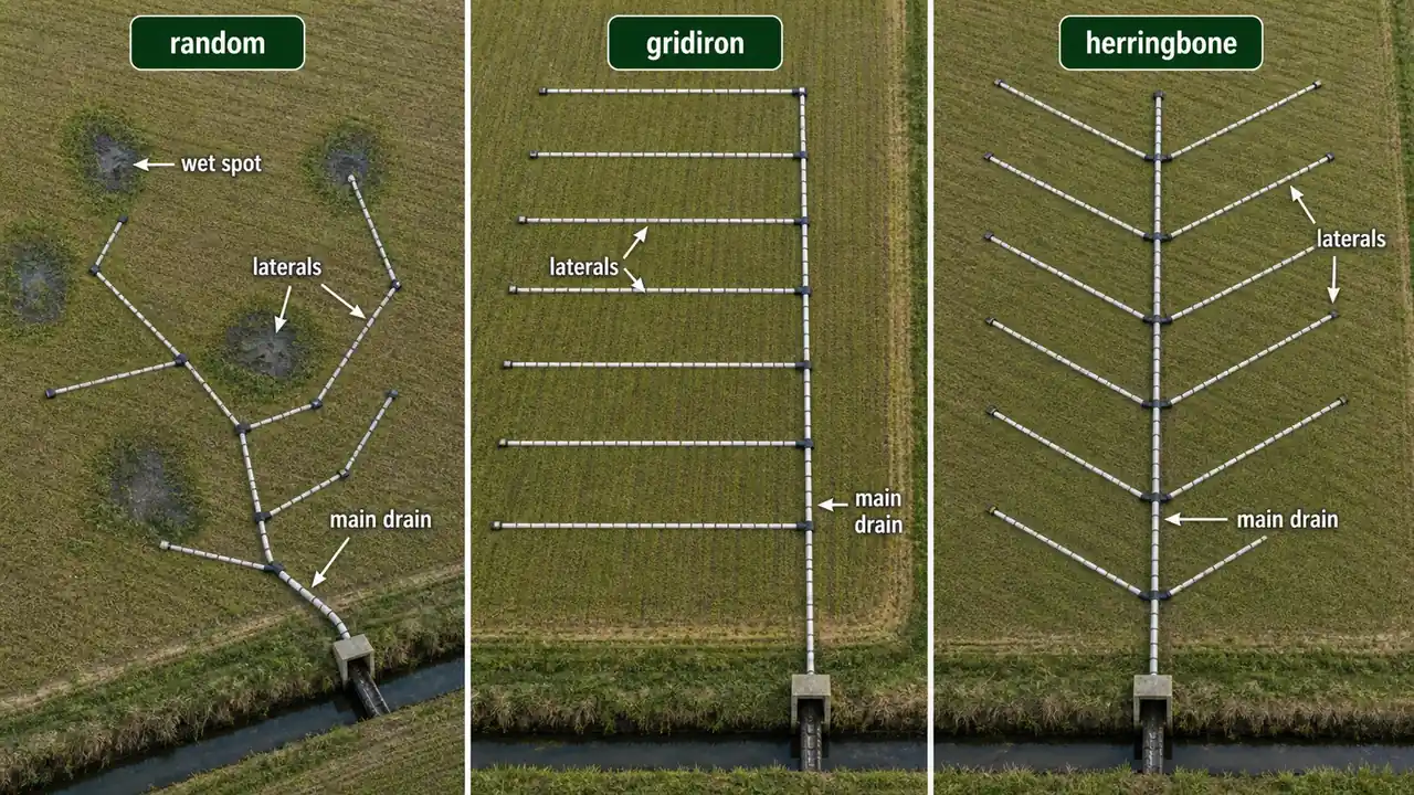 Tile drain layout patterns comparing random, gridiron, and herringbone systems with main drains, laterals, and wet spots