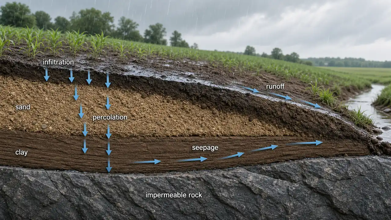 Water movement through soil and rock showing infiltration, percolation, seepage, runoff, and an impermeable rock layer