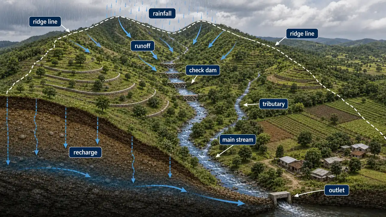 Watershed as a geohydrological unit showing ridge lines, rainfall, runoff, tributaries, recharge, check dams, and a single outlet