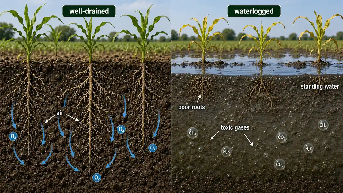 Waterlogging comparison showing healthy roots in aerated soil versus stressed roots in standing water and reduced oxygen conditions