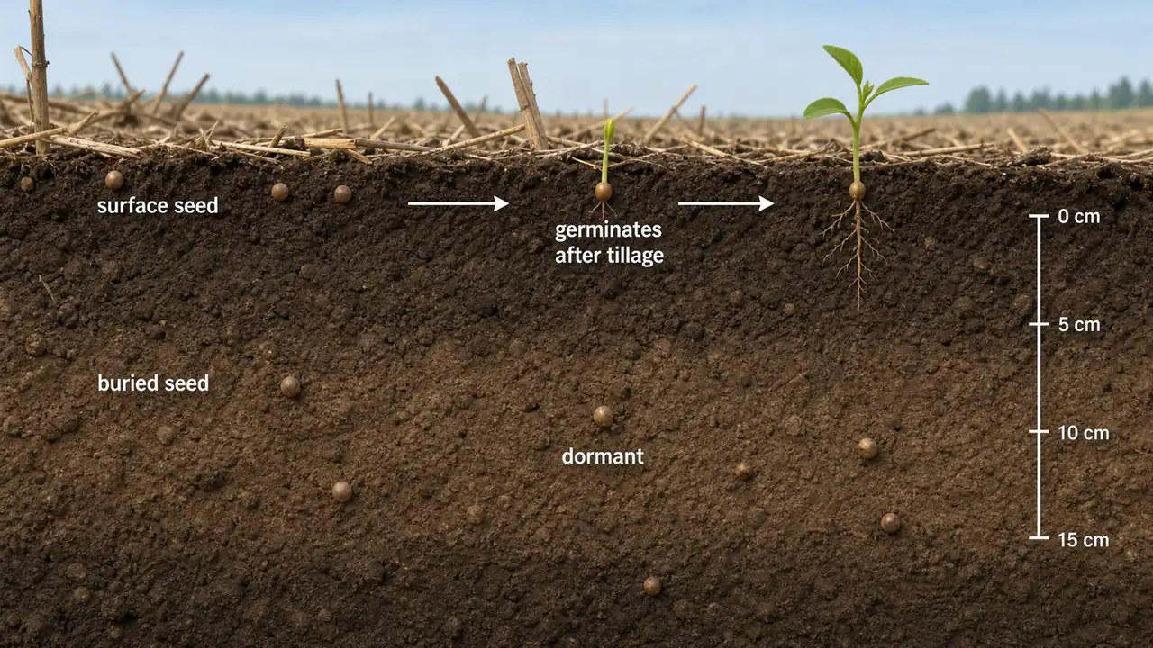 Weed seed longevity in soil showing surface seeds germinating after tillage while deeper buried seeds remain dormant in the seed bank