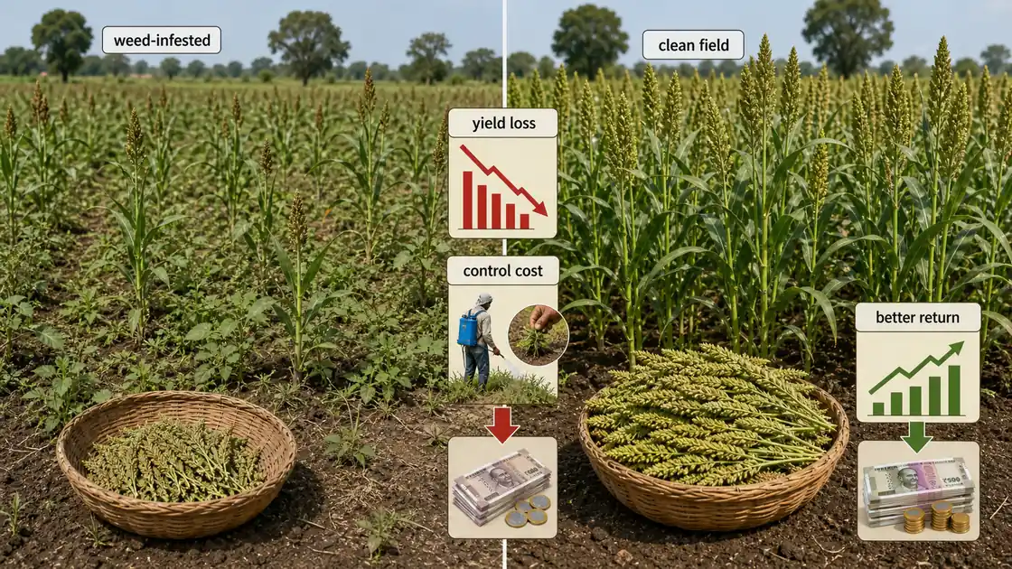 Weed-infested field compared with cleaner field to show yield loss control cost and better return after weed management