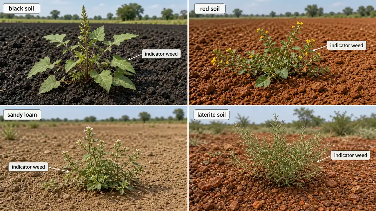 Indicator weeds shown across black soil red soil sandy loam and laterite soil in edaphic weed classification