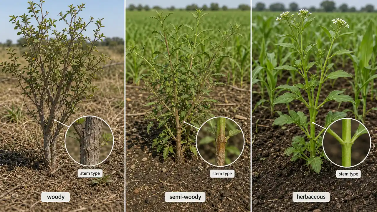 Woody semi-woody and herbaceous weeds compared by stem texture and field habit
