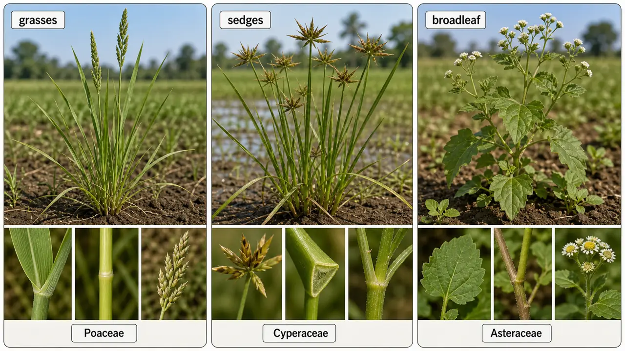 Important weed families shown as grasses sedges and broadleaf groups with Poaceae Cyperaceae and Asteraceae traits