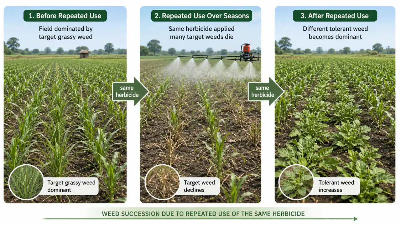 Weed succession after repeated use of the same herbicide showing the original target weed declining and a tolerant weed becoming dominant