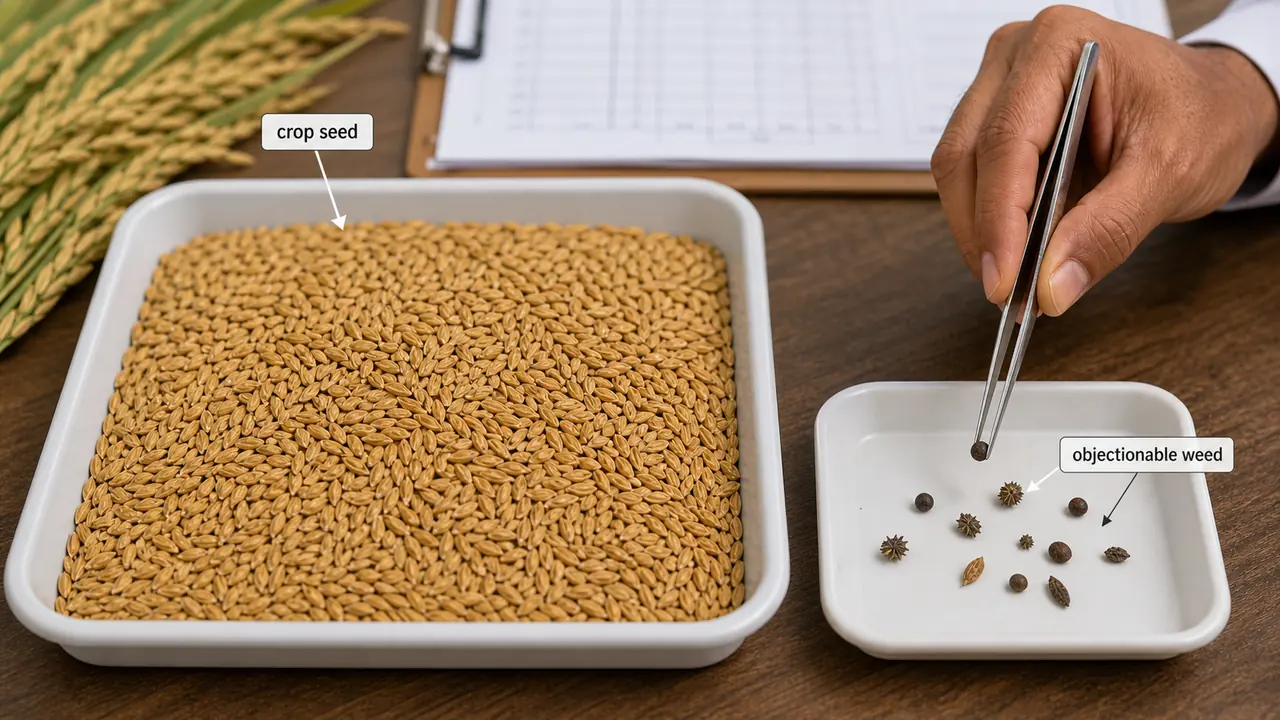 Seed sample inspection showing objectionable weed seeds separated from crop seed under legal seed standards