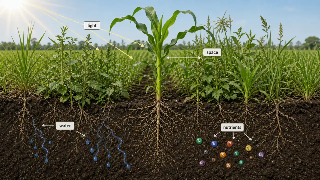 Crop weed competition for water nutrients light and space shown in one field profile