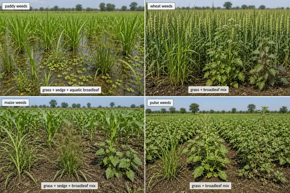 Major weeds in paddy wheat maize and pulse crops shown as crop-specific weed groups