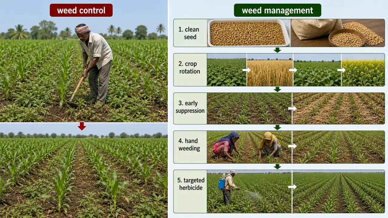 Weed control shown as a single action and weed management shown as a season-long planned system