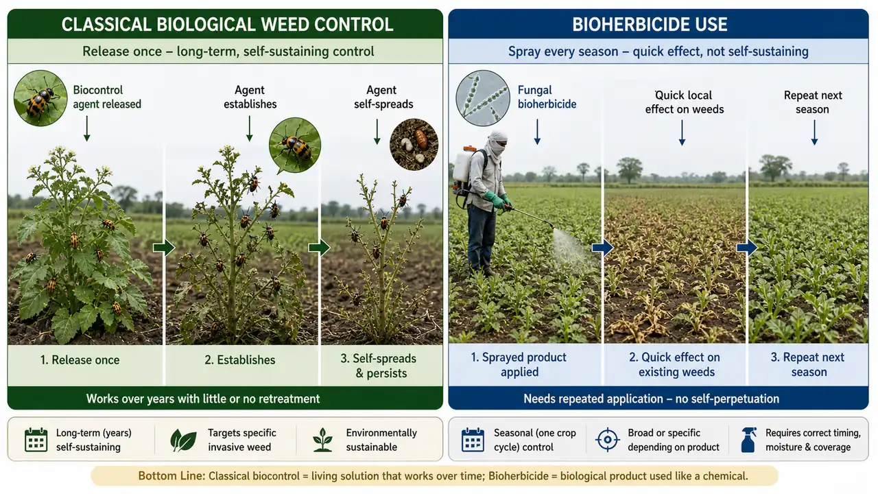 Comparison of classical biological weed control and bioherbicide use showing one-time release of a bioagent versus repeated spray application of a microbial product