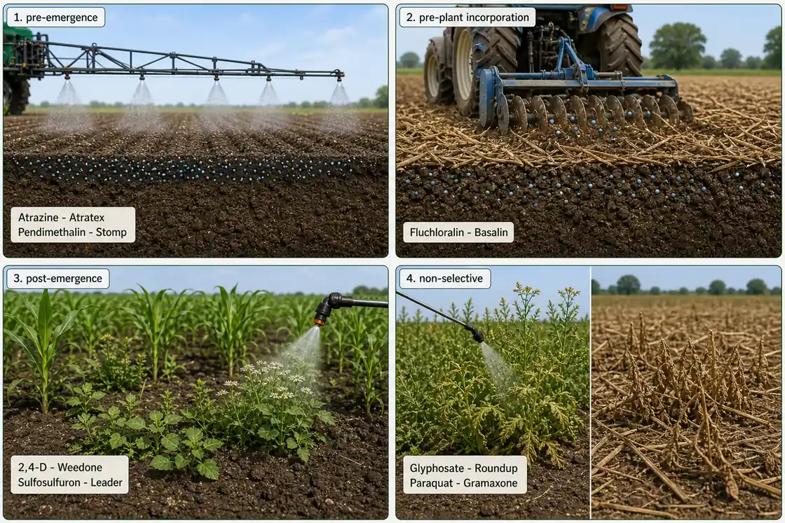 Common herbicides and trade names grouped by pre-emergence pre-plant incorporation post-emergence and non-selective use
