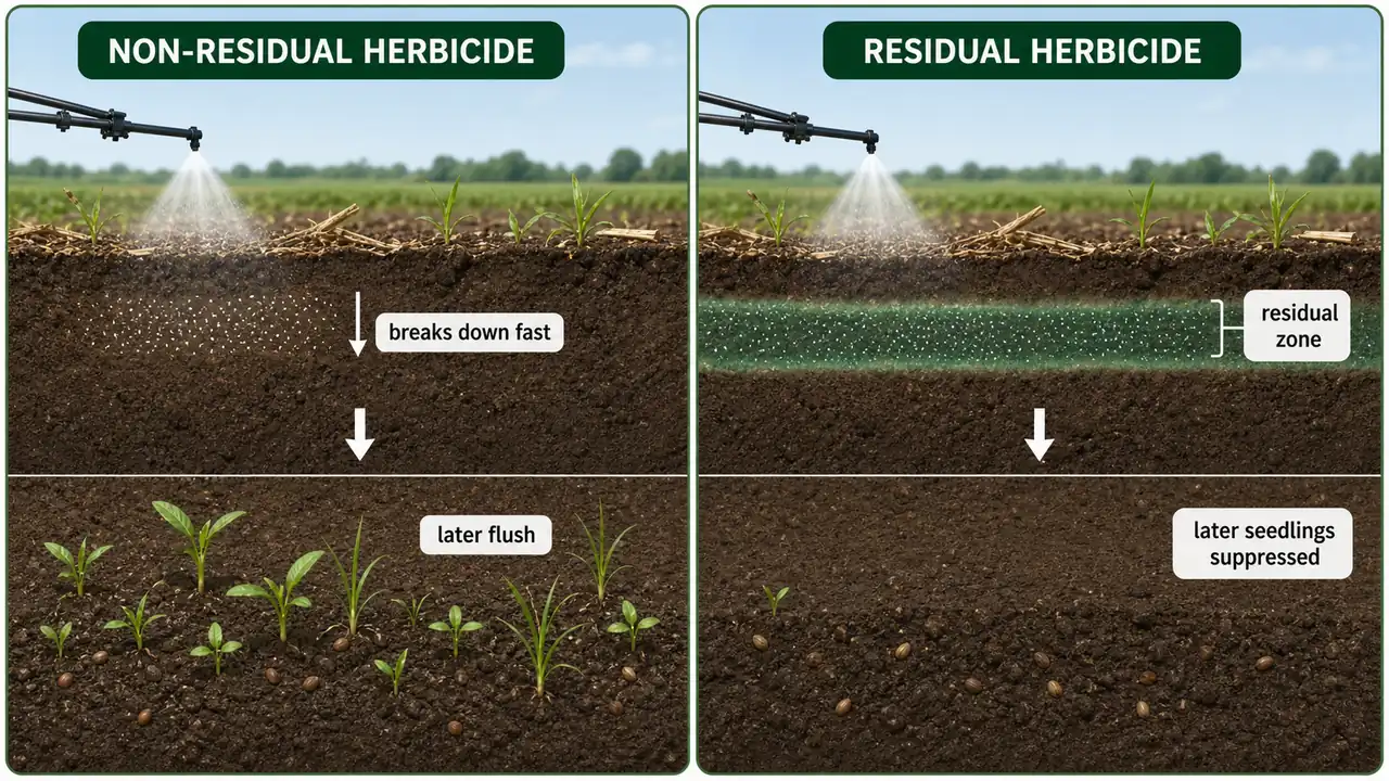 Soil herbicide application methods showing surface placement subsurface placement band application and fumigation in field soil profiles