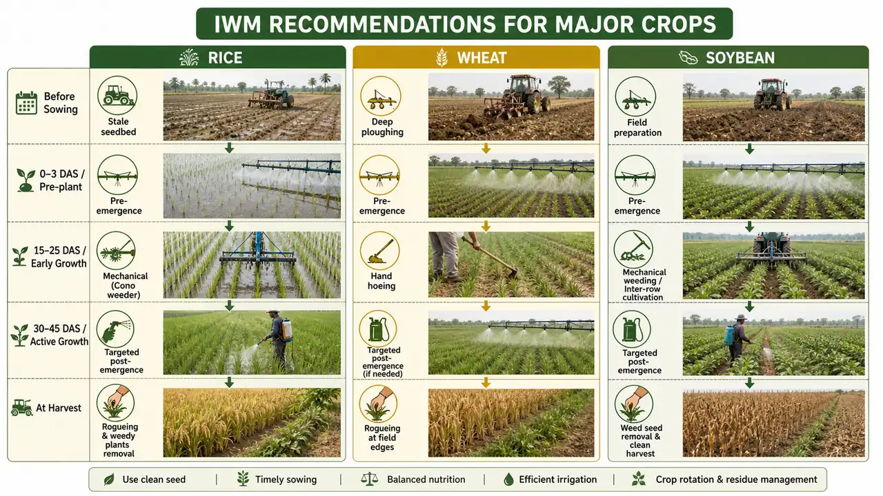 Integrated weed management plan for rice wheat and soybean showing stale seedbed pre-emergence control mechanical weeding and targeted follow-up actions