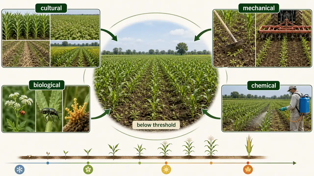 Integrated weed management shown as cultural mechanical biological and chemical tactics keeping weeds below damage threshold