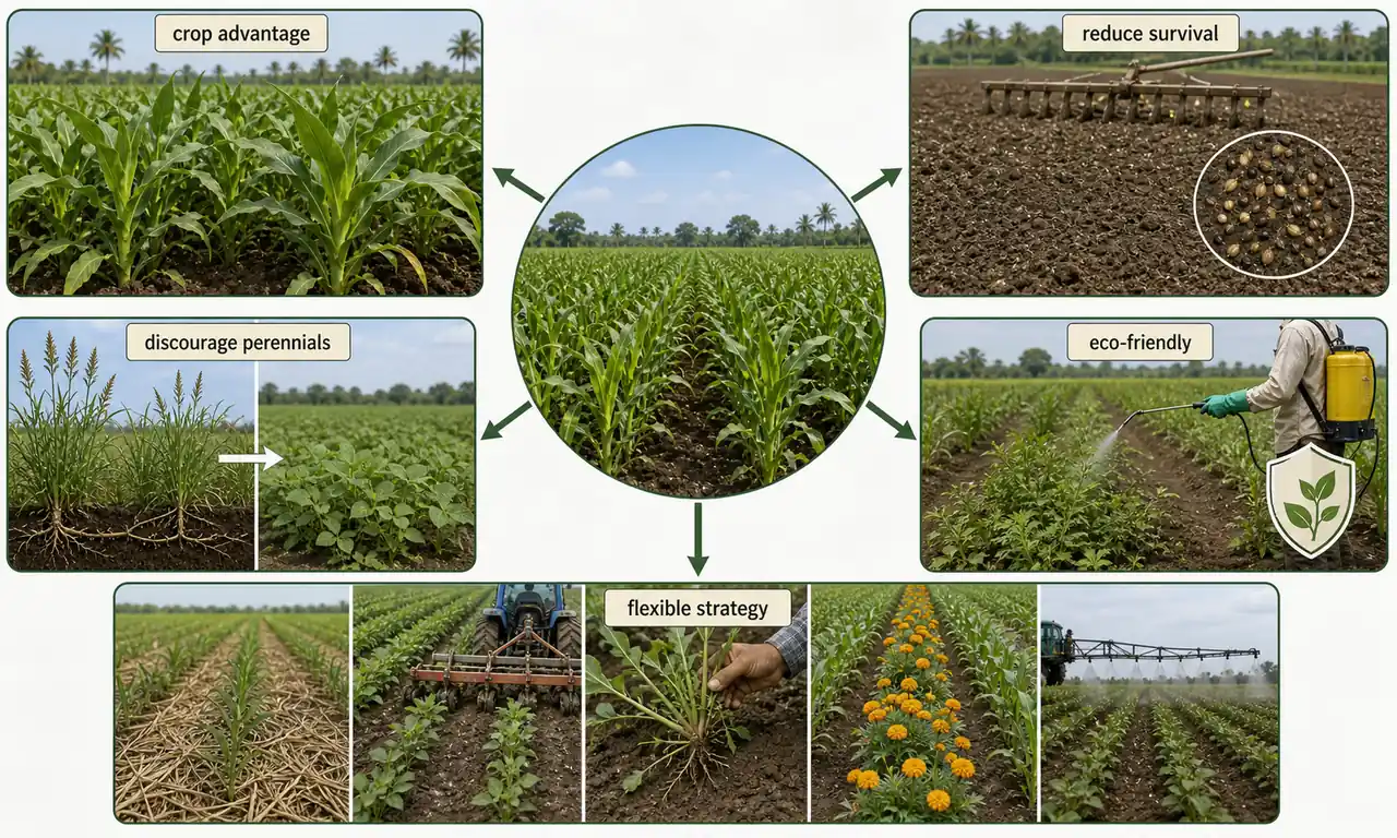 Five principles of integrated weed management shown as crop advantage reduced weed survival perennial suppression eco-friendly practice and flexible strategy