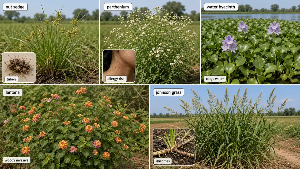 Major problematic weeds in India including nut sedge parthenium water hyacinth lantana and johnson grass with their key damage traits