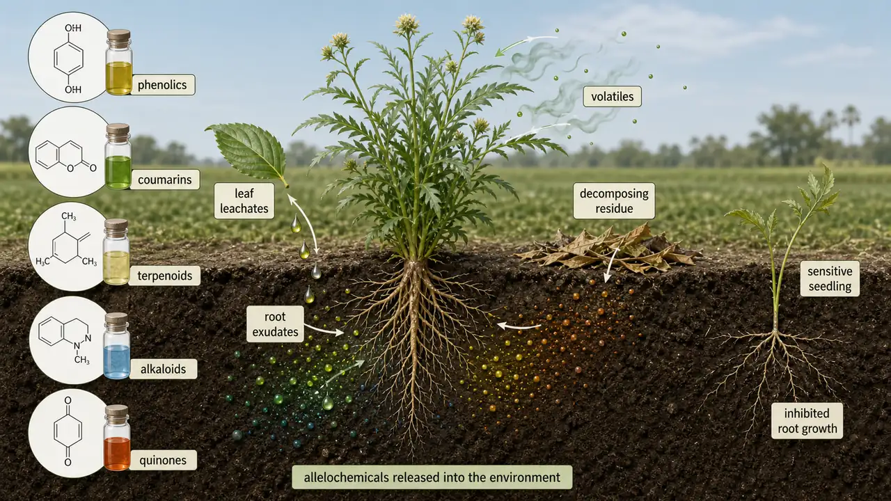 Allelochemicals released through roots leaves volatiles and residues, with chemical groups affecting a sensitive seedling