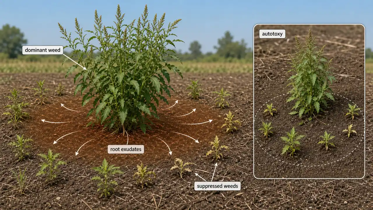 Dominant weed suppressing nearby weeds through root exudates, with autotoxy shown among its own seedlings