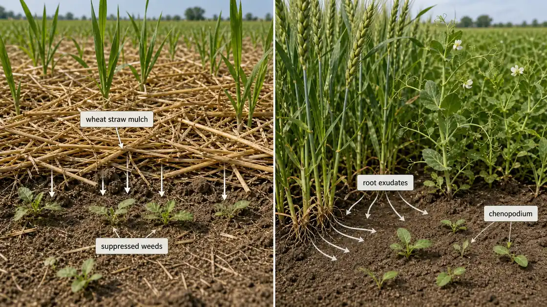 Wheat straw mulch and crop root exudates suppressing sensitive weed seedlings in the field