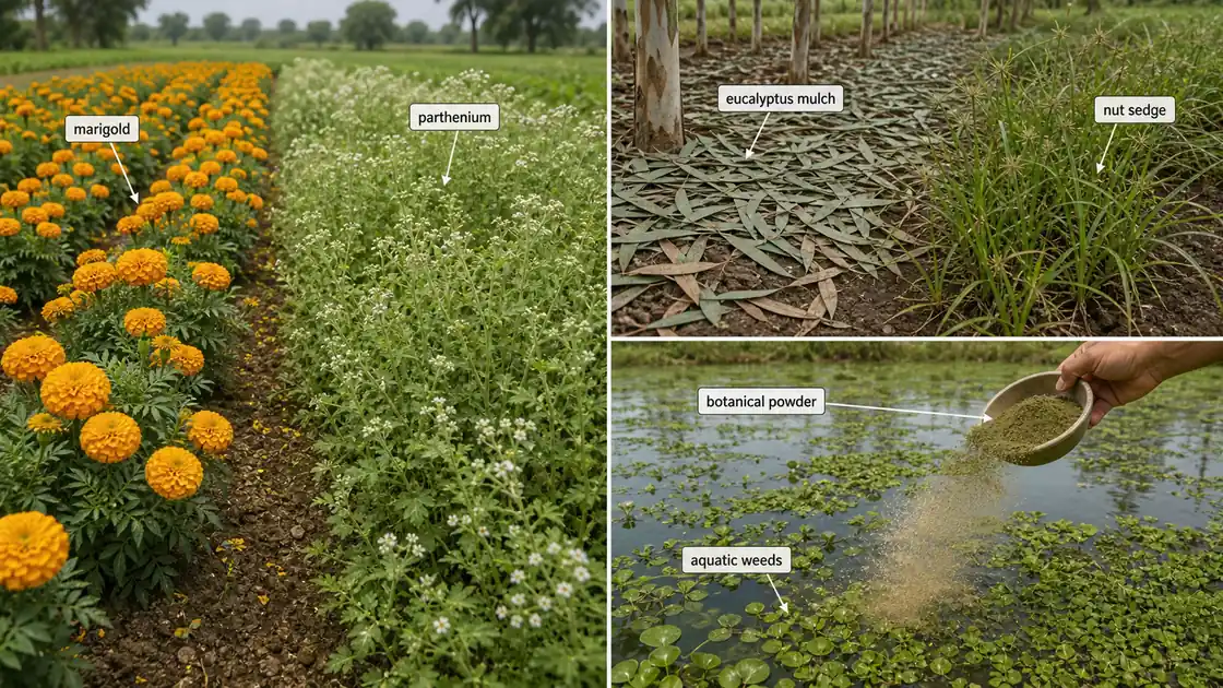 Marigold eucalyptus mulch and botanical powder used as practical allelopathic weed suppression tools