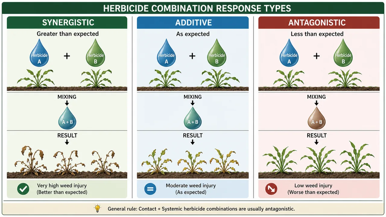 Herbicide tank-mix responses showing synergistic additive and antagonistic weed injury patterns
