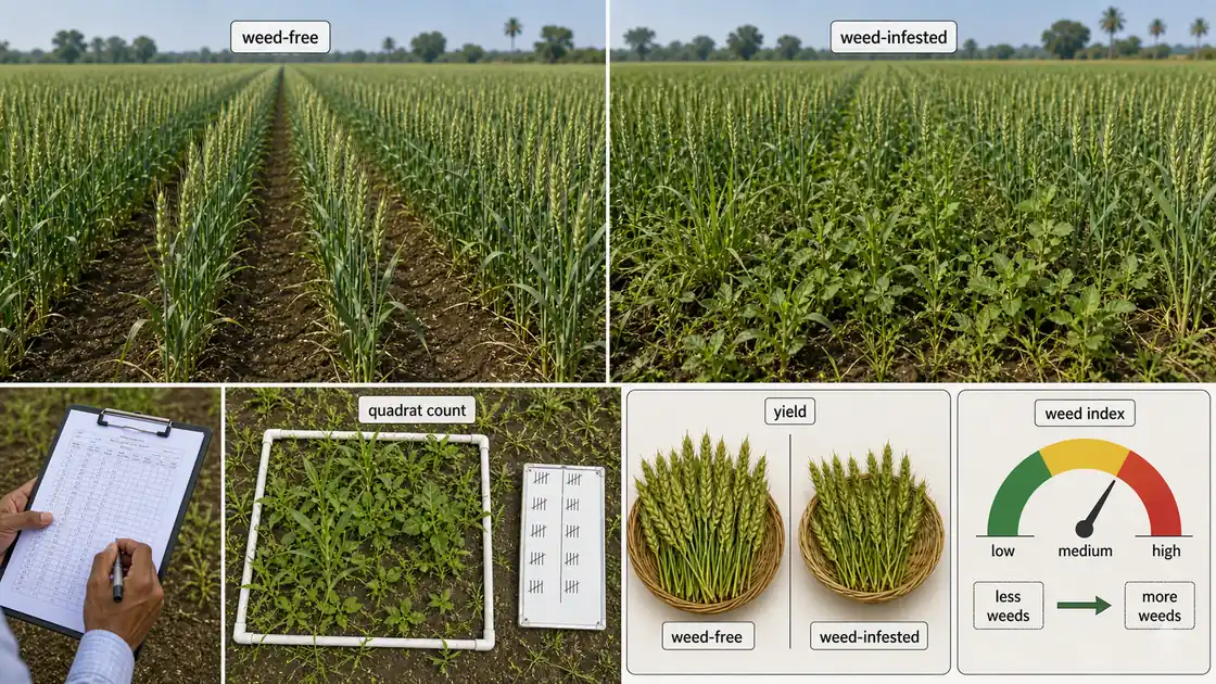 Weed-free and weed-infested plots with quadrat count yield comparison and weed index assessment