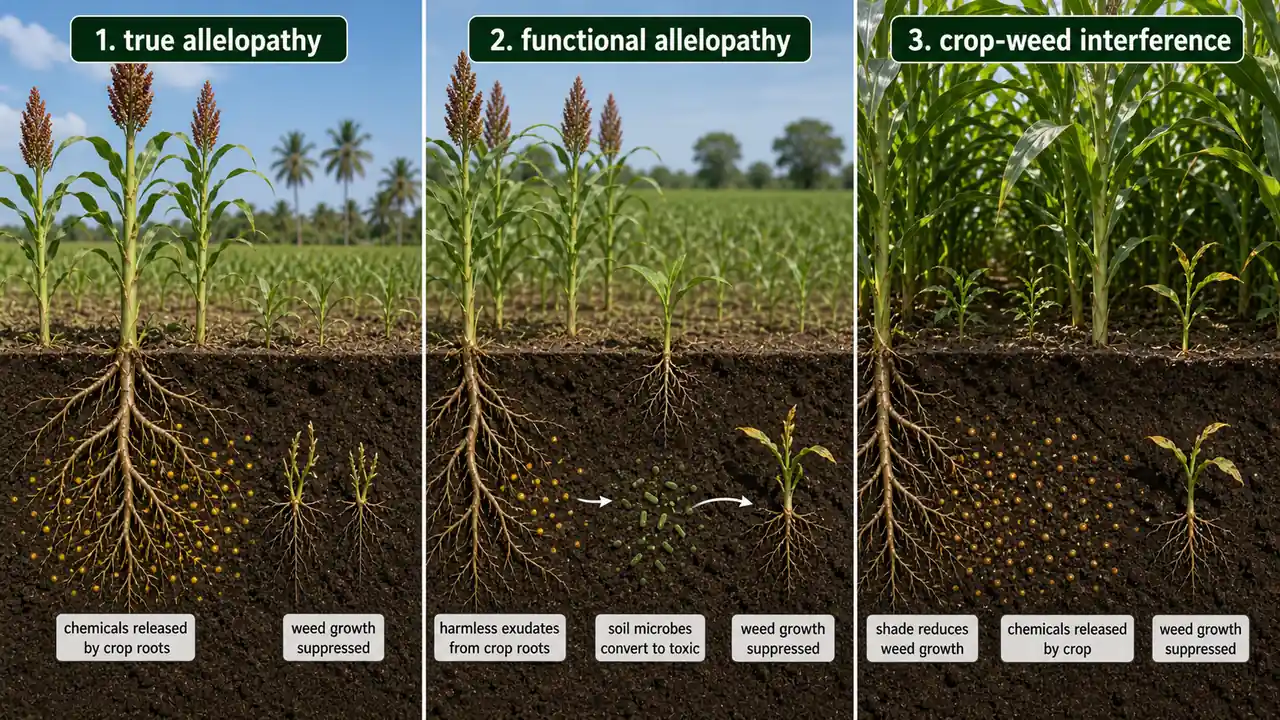 Allelopathic chemical release and crop weed interference showing true and functional allelopathy
