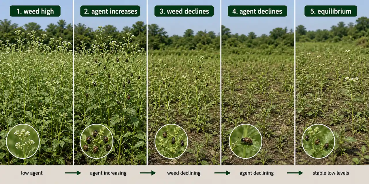 Biological weed control population cycle showing natural enemy reducing weed population toward equilibrium