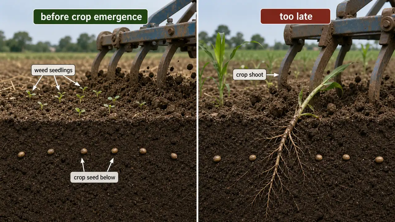Blind tillage before crop emergence compared with late tillage that damages the crop shoot